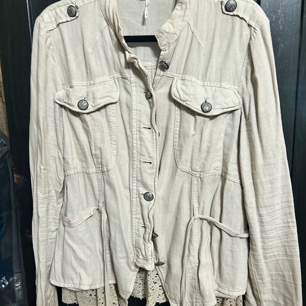 Free People light gray Utility Jacket with Button Accents lace detail at bottom